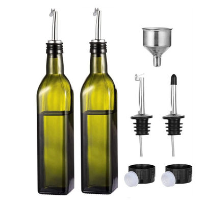 Glas donkergroene keukenolie fles met roestvrij staal spout trechter Vierkante 500ml 2pcs