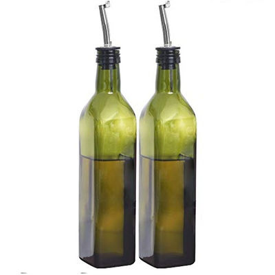 Glas donkergroene keukenolie fles met roestvrij staal spout trechter Vierkante 500ml 2pcs