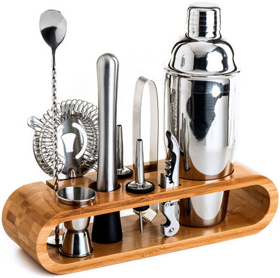 Minimalistisch ontwerp 10 in 1 roestvrij staal cocktailshaker set met houten stand 750 ml