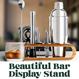 Minimalistisch ontwerp 10 in 1 roestvrij staal cocktailshaker set met houten stand 750 ml