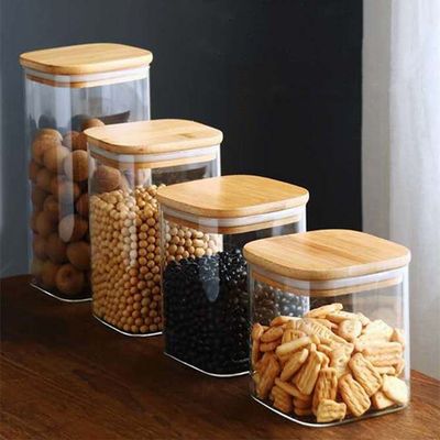Modern ontworpen voedselopslagcontainer met bamboe houten deksel 300 ml 500 ml kruidenglas pot