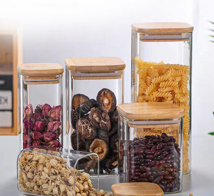Modern ontworpen voedselopslagcontainer met bamboe houten deksel 300 ml 500 ml kruidenglas pot