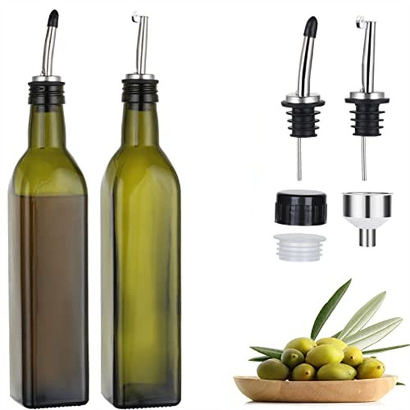 Glas donkergroene keukenolie fles met roestvrij staal spout trechter Vierkante 500ml 2pcs