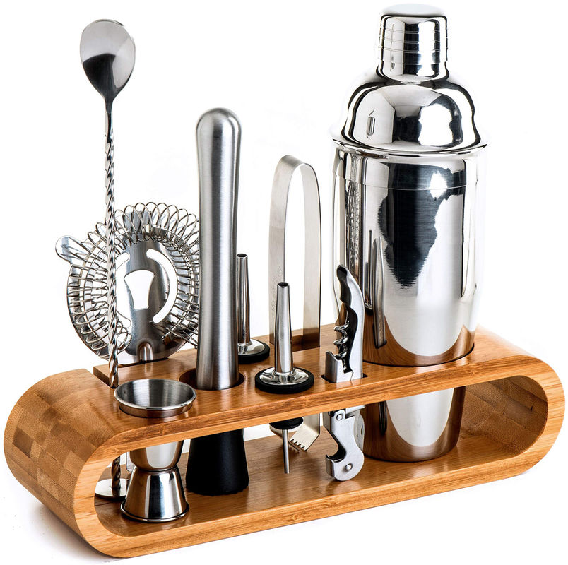Minimalistisch ontwerp 10 in 1 roestvrij staal cocktailshaker set met houten stand 750 ml