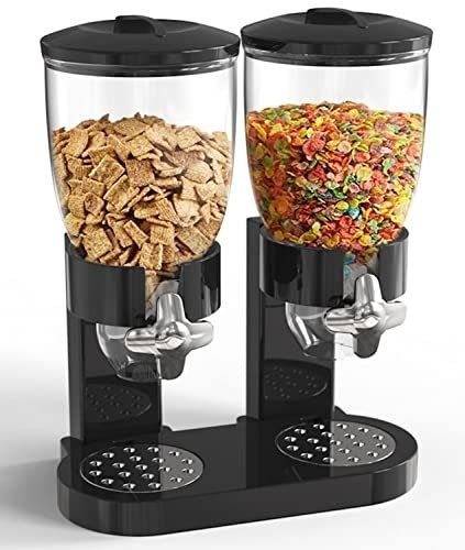 Dubbele kant rechtopstaande plastic voedselpotten 2L Dubbele beker Cereal Dispenser Droog voedsel Dispenser